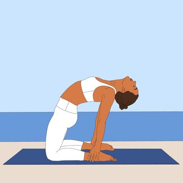 Camel Pose / Ustrasana. Flexible woman girl  in white sport gym suit doing stretch yoga asana pose exercise on sand beach in nature on seascape background illustration painting poster.