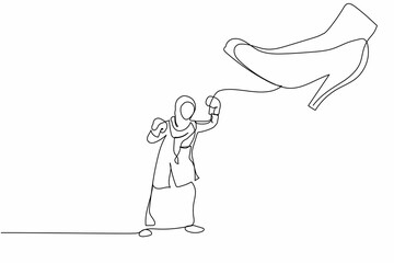 Single continuous line drawing young Arab businesswoman punching uppercut under big foot stomp. Manager against authoritarian or anger boss. Minimal metaphor. One line draw design vector illustration - obrazy, fototapety, plakaty