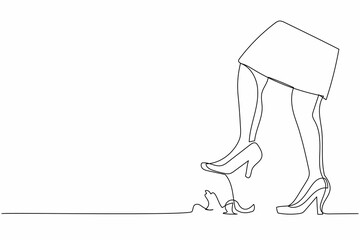 Continuous one line drawing young businesswoman leg step on banana peel. Imminent danger, banana peel underfoot high heels. Minimalist metaphor. Single line draw design vector graphic illustration