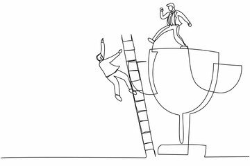 Single continuous line drawing active businessman kicking to make his rival falling down from the top ladder trophy of success. Minimalism metaphor. One line draw graphic design vector illustration