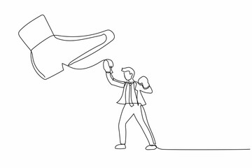 Continuous one line drawing brave businessman punching uppercut under big foot stomp. Male employee against dictatorial boss. Minimalist metaphor. Single line draw design vector graphic illustration - obrazy, fototapety, plakaty
