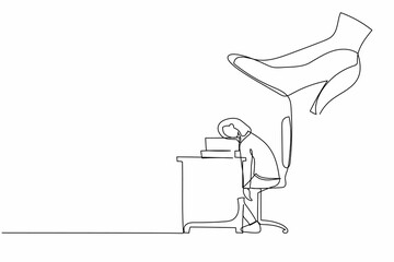 Single one line drawing young businesswoman sleeping on pile of papers on desk under big foot stomp. Office worker being overworking, stress, overload. Continuous line draw design vector illustration