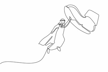 Single one line drawing young Arab businessman flying with heroes capes against giant shoes stomping. Office worker fly up against giant foot step. Continuous line design graphic vector illustration