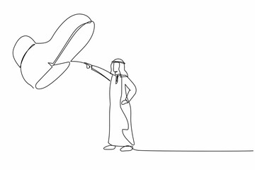 Continuous one line drawing brave Arab businessman facing against giant shoes stomping. Male manager pointing against giant foot step. Minimal metaphor. Single line design vector graphic illustration
