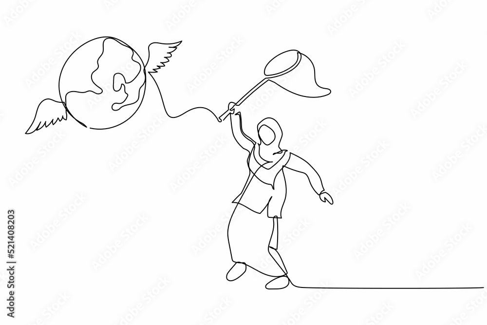 Poster continuous one line drawing arab businesswoman try to catching flying globe with butterfly net. fail