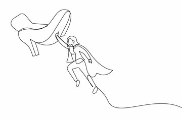 Single one line drawing young businesswoman flying with hero capes against giant shoes stomping. Female manager fly up against giant foot step. Continuous line draw design graphic vector illustration