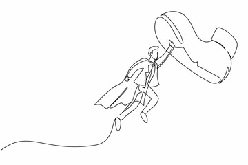 Obraz premium Single continuous line drawing active businessman flying with heroes capes against giant shoes stomping. Office worker fly up against giant foot step. One line draw graphic design vector illustration