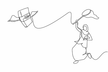 Single continuous line drawing unlucky Arab businesswoman try to catch flying money stack with butterfly net. Losing business or project opportunity. One line draw graphic design vector illustration