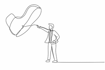Single one line drawing young businessman facing against giant shoes stomping. Male manager pointing against giant foot step. Minimal metaphor. Continuous line draw design graphic vector illustration