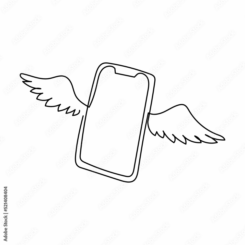 Poster single one line drawing flying smartphone with wings. winged cellphone with touch screen flying with