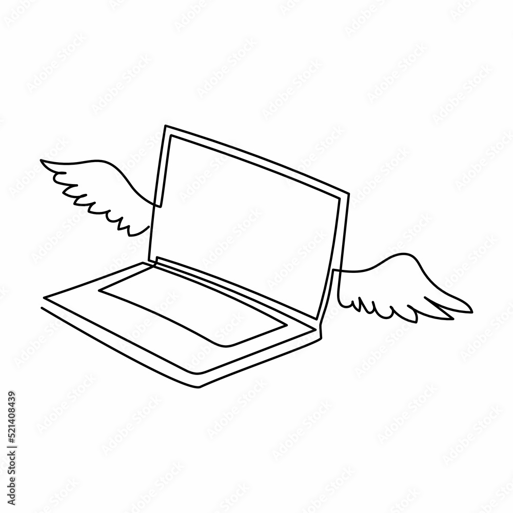 Poster continuous one line drawing flying laptop with wings. winged laptop computer flying in sky. cloud co