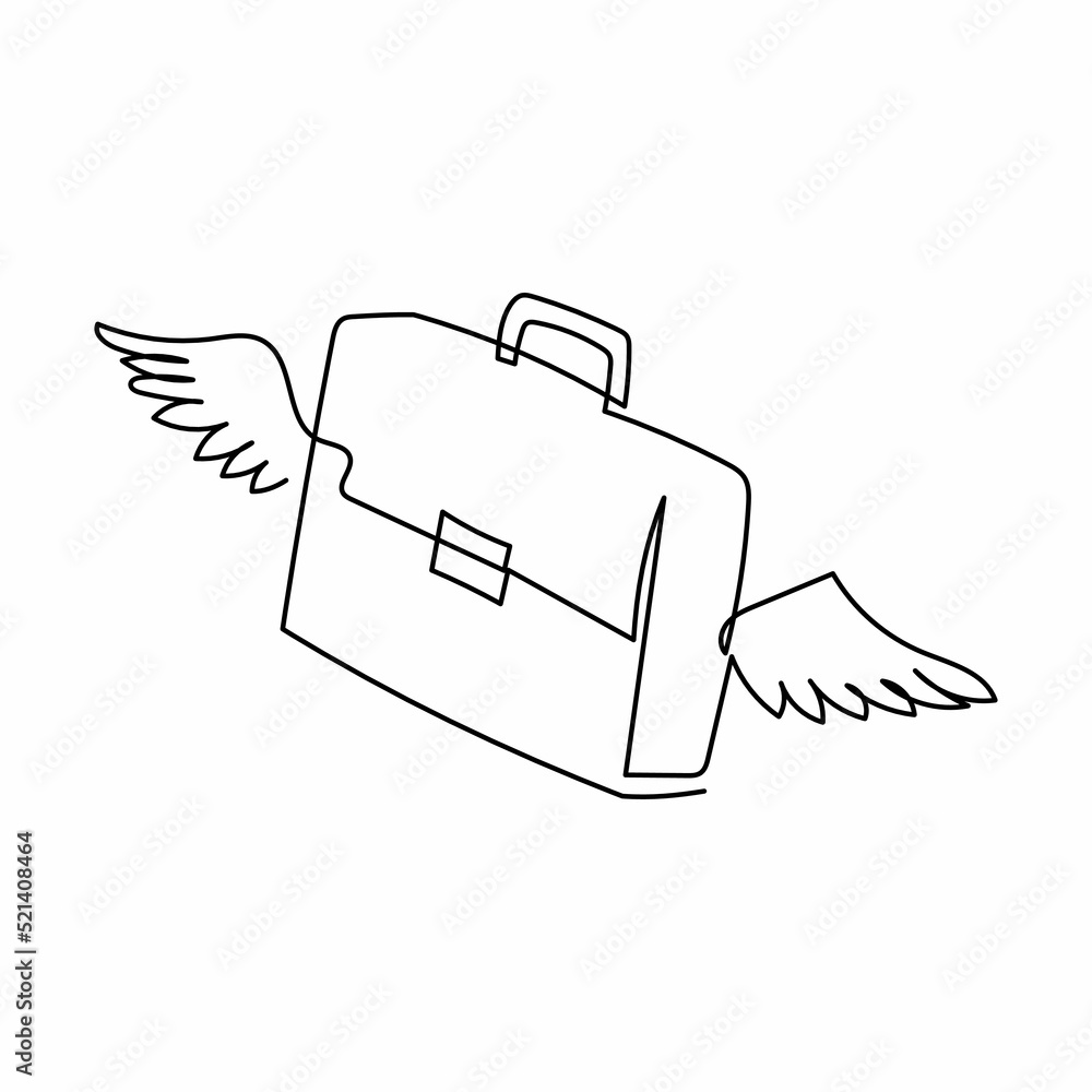 Poster single continuous line drawing flying briefcase with wings. traveling suitcase in flight. isolated v