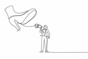 Continuous one line drawing businesswoman protest with megaphone under giant shoe. Female manager under tyranny, dictatorship concept. Minimal metaphor. Single line design vector graphic illustration