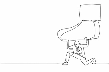Continuous one line drawing young businessman under giant foot trample. Male manager pressure and domination, limiting freedom. Minimal metaphor concept. Single line design vector graphic illustration