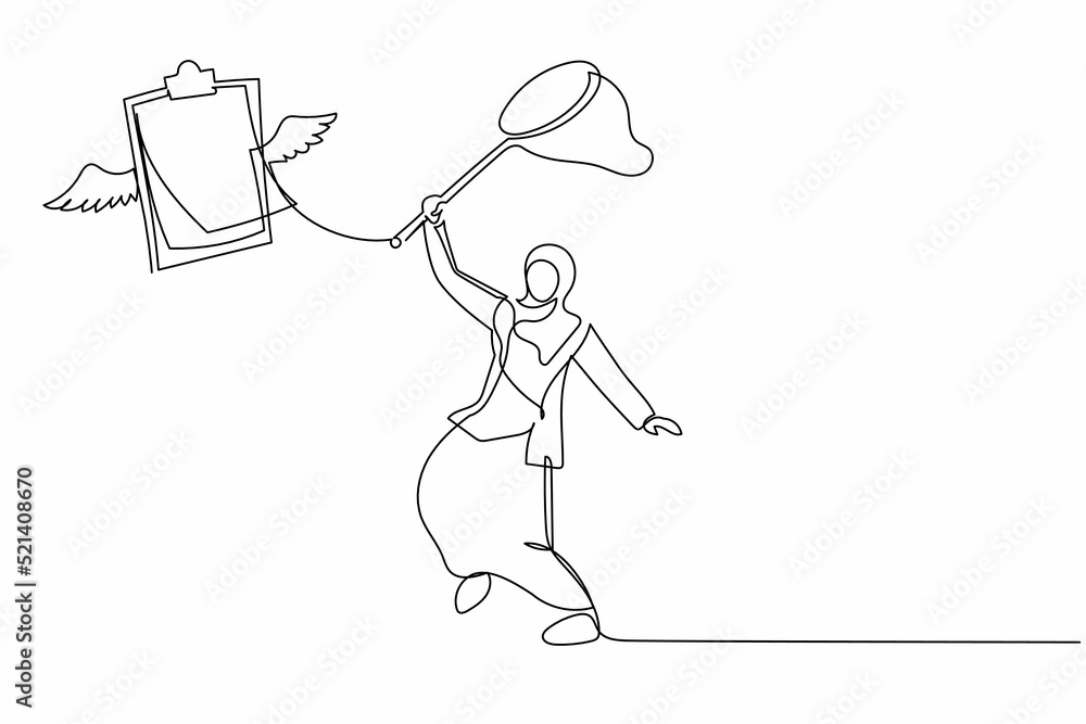 Poster continuous one line drawing arab businesswoman try to catching flying clipboard with butterfly net. 