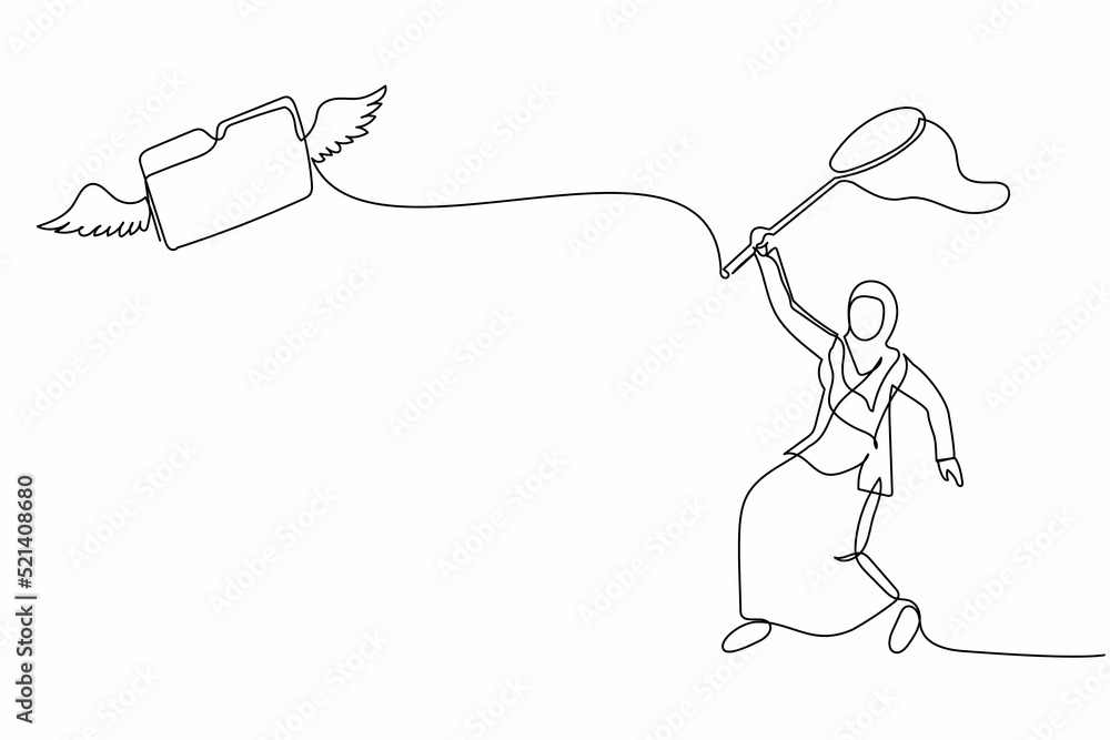 Poster continuous one line drawing arabian businesswoman try to catching flying folder with butterfly net. 