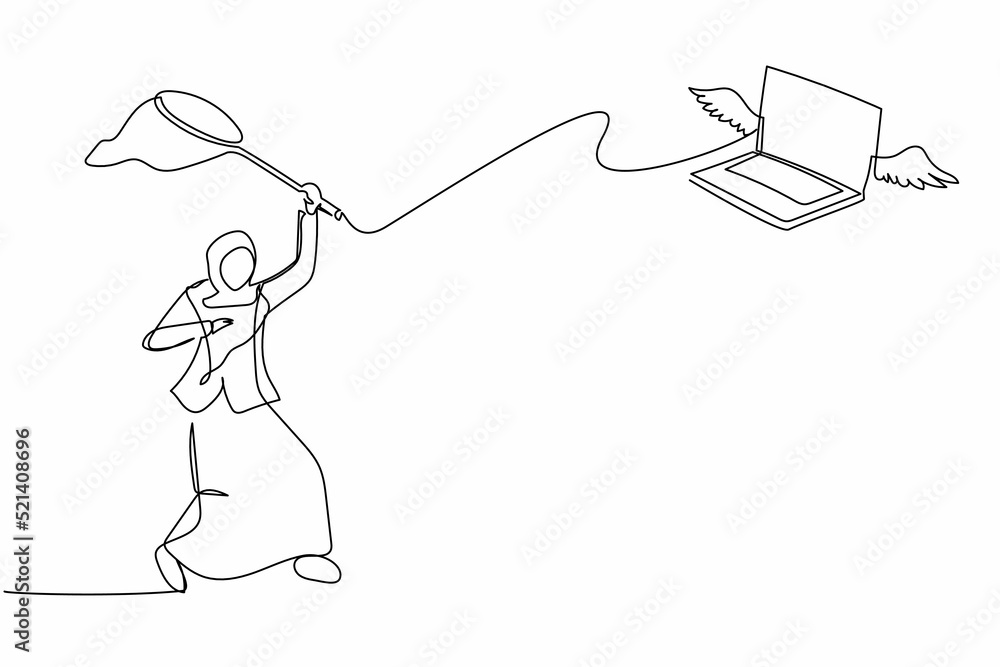 Aufkleber single one line drawing arabian businesswoman try to catching flying laptop with butterfly net. losi