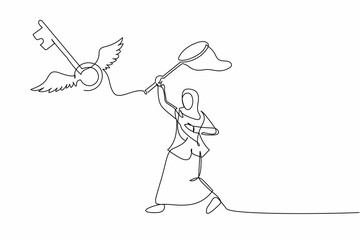 Single one line drawing Arab businesswoman try to catching flying key with butterfly net. Losing key of success career path. Business metaphor. Continuous line draw design graphic vector illustration