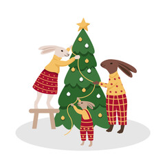 Naklejka premium Cute family of rabbits in home outfits decorate christmas tree together