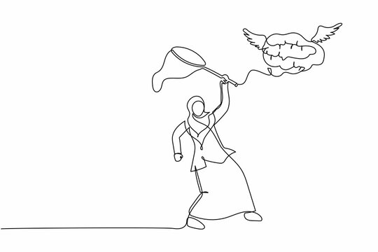 Single one line drawing Arab businesswoman try to catching flying brain with butterfly net. Losing brilliant mind or creative thinking concept. Continuous line draw design graphic vector illustration