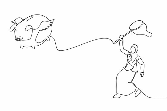 Single continuous line drawing Arabian businesswoman try to catching flying piggy bank with butterfly net. Future savings lost due to economic crisis. One line draw graphic design vector illustration