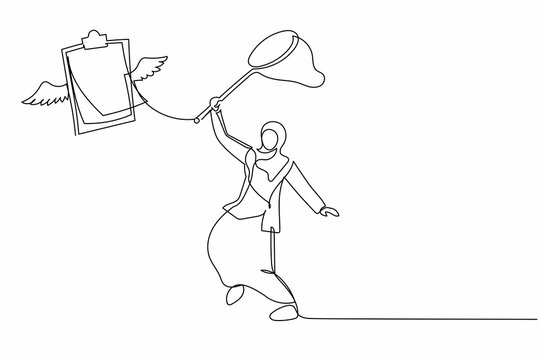 Continuous one line drawing Arab businesswoman try to catching flying clipboard with butterfly net. Missing checklist of important data, document. Single line draw design vector graphic illustration