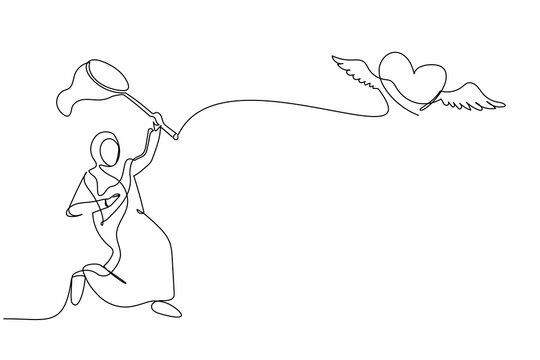Single one line drawing Arabian businesswoman try to catching flying heart with butterfly net. Breakup concept. Relationship that can't be continued. Continuous line design graphic vector illustration
