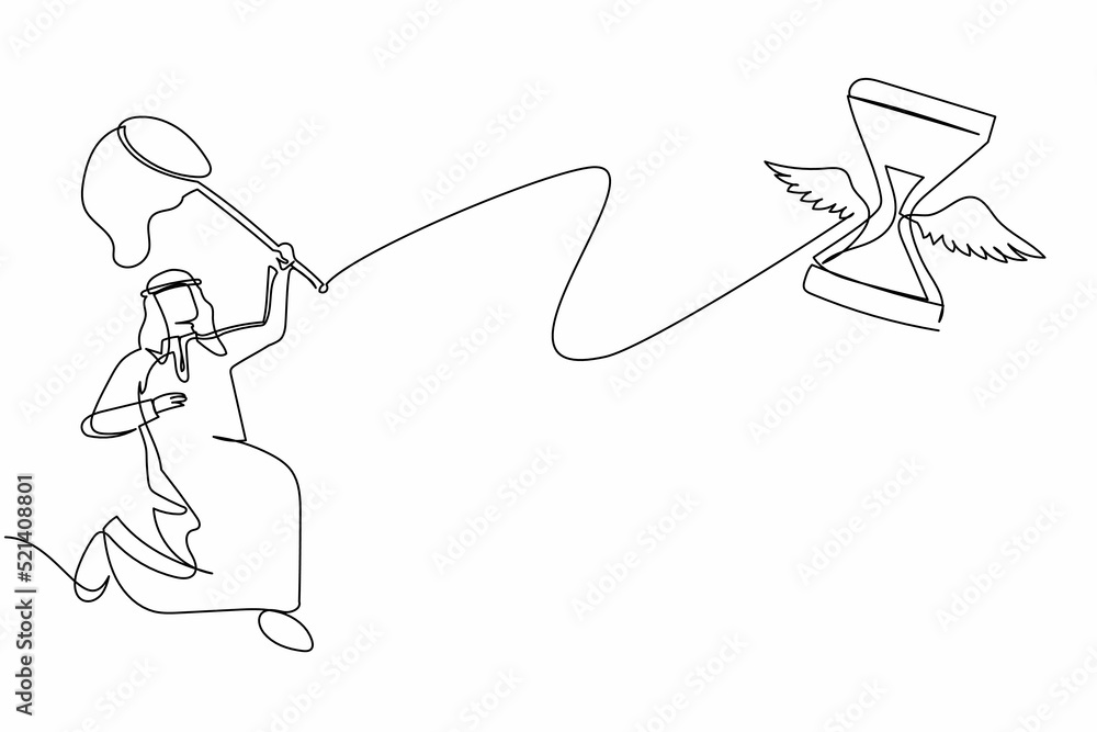 Poster single continuous line drawing arab businessman try to catching flying hourglass with butterfly net.
