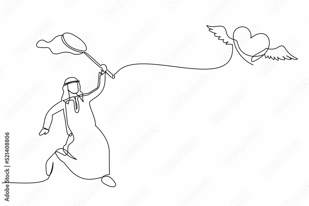 Poster single one line drawing arab businessman try to catching flying heart with butterfly net. breakup re