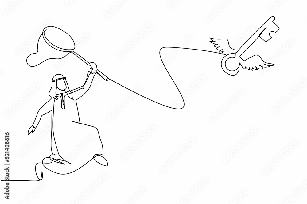 Poster Continuous one line drawing Arabian businessman try to catching flying key with butterfly net. Lost the key to success in career. Business metaphor. Single line draw design vector graphic illustration