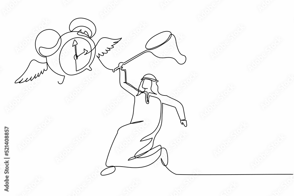 Poster single continuous line drawing arab businessman try to catching flying alarm clock with butterfly ne