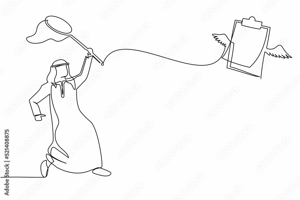 Poster single one line drawing arabian businessman try to catching flying clipboard with butterfly net. inc