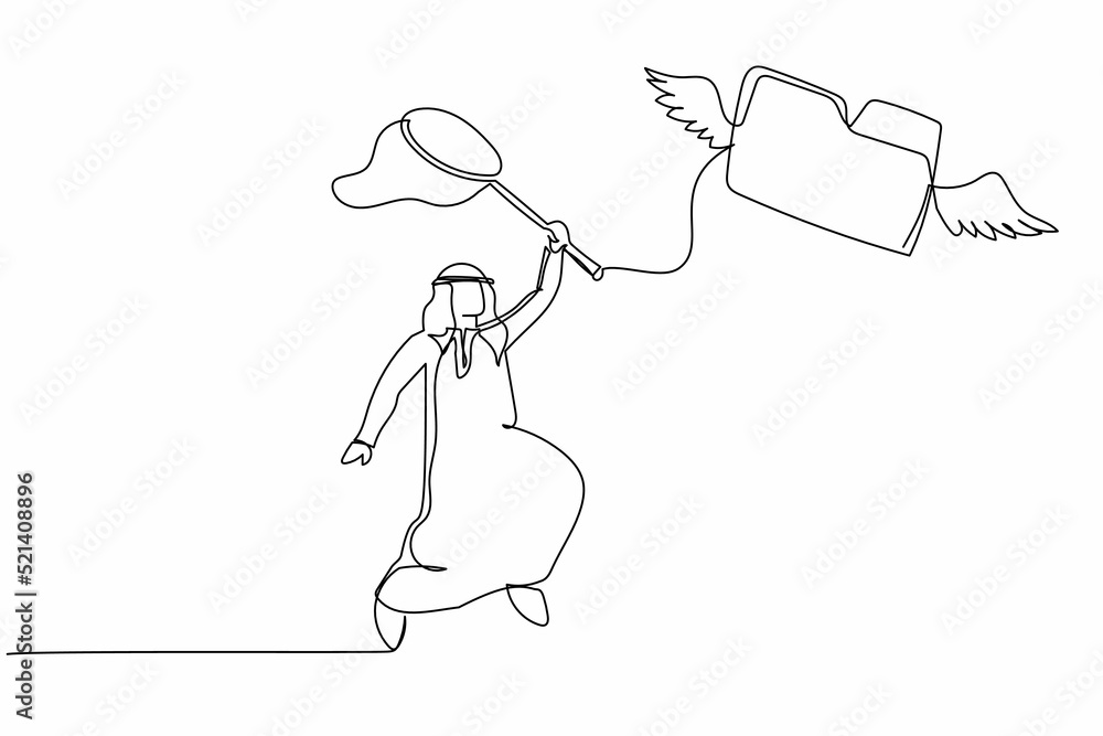 Poster single one line drawing arab businessman try to catching flying folder with butterfly net. losing do