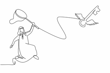 Continuous one line drawing Arabian businessman try to catching flying key with butterfly net. Lost the key to success in career. Business metaphor. Single line draw design vector graphic illustration