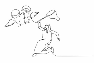 Single continuous line drawing Arab businessman try to catching flying alarm clock with butterfly net. Failed to complete work deadlines. Business metaphor. One line graphic design vector illustration