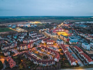 Evening drone view of Przecław and Warzymice, Poland