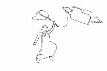 Single one line drawing Arab businessman try to catching flying folder with butterfly net. Losing document and file archive. Business metaphor. Continuous line draw design graphic vector illustration