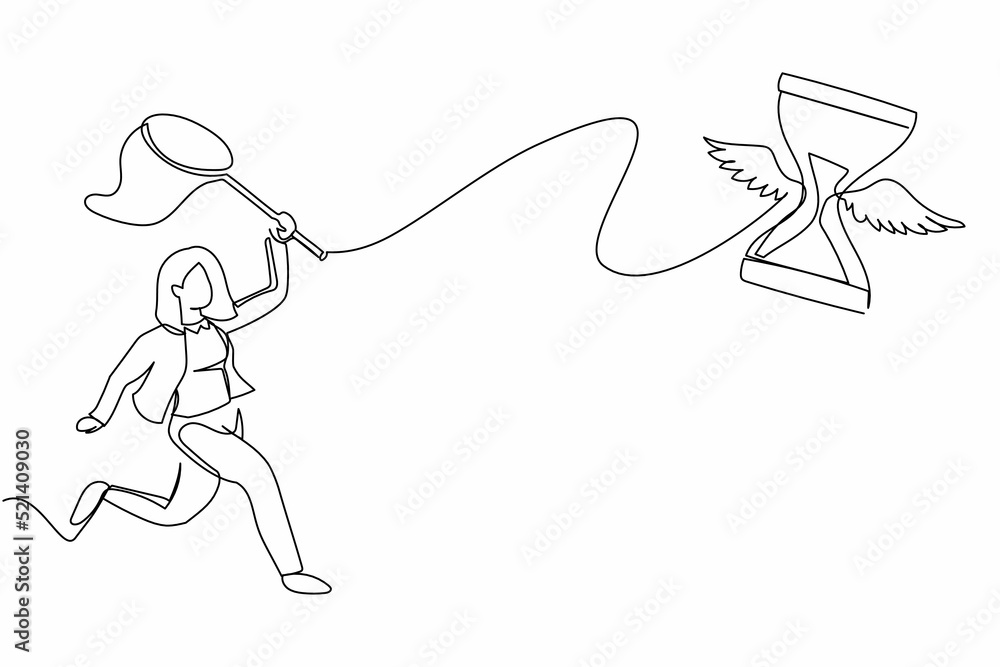 Poster single one line drawing businesswoman try to catching flying hourglass with butterfly net. work comp