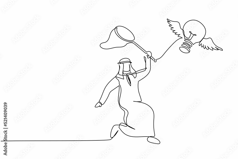 Poster continuous one line drawing arab businessman try to catching flying light bulb with butterfly net. l