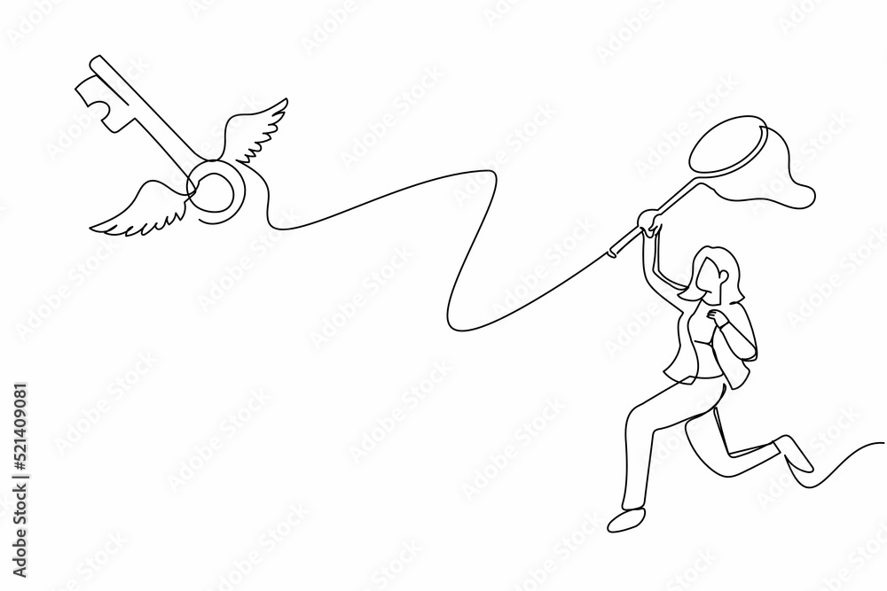 Poster single continuous line drawing businesswoman try to catching flying key with butterfly net. losing k