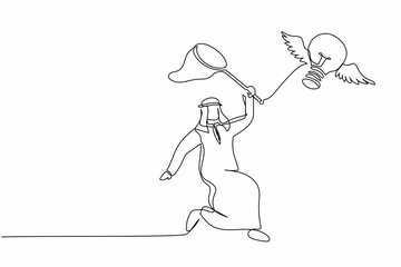 Continuous one line drawing Arab businessman try to catching flying light bulb with butterfly net. Losing inspiration and creative idea. Business metaphor. Single line draw design vector illustration