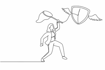 Single one line drawing businesswoman try to catch flying shield with butterfly net. Expensive health insurance costs. Unaffordable healthcare services. Continuous line draw design vector illustration
