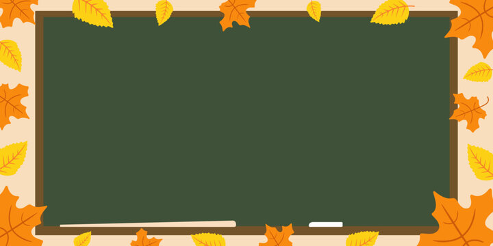 Cute school background. School blackboard with a pointer and a piece of chalk framed by autumn leaves. Vector illustration.