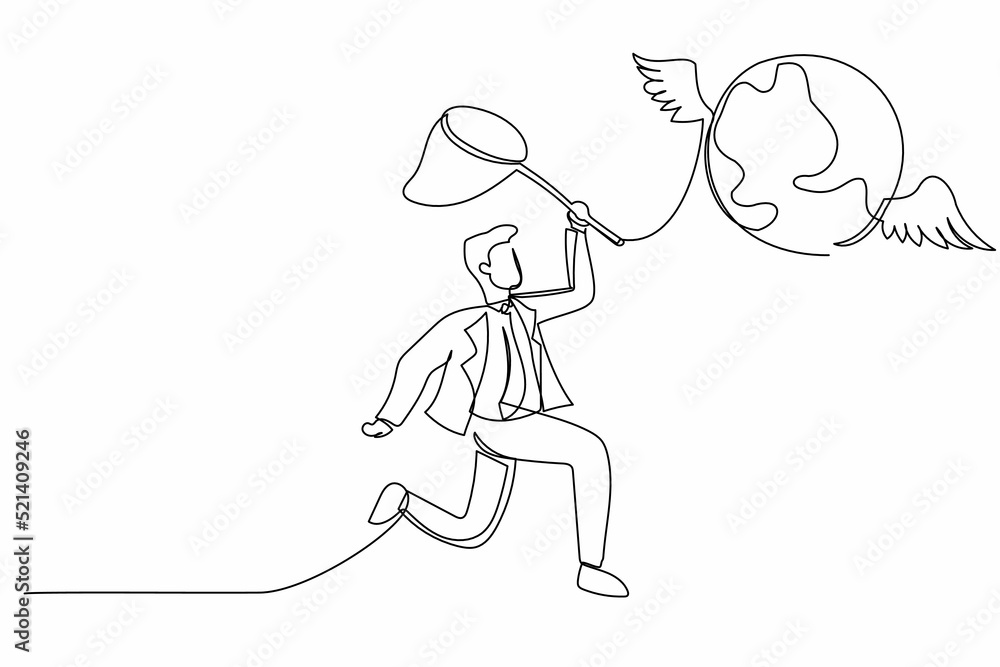 Aufkleber single continuous line drawing businessman try to catching flying globe with butterfly net. business