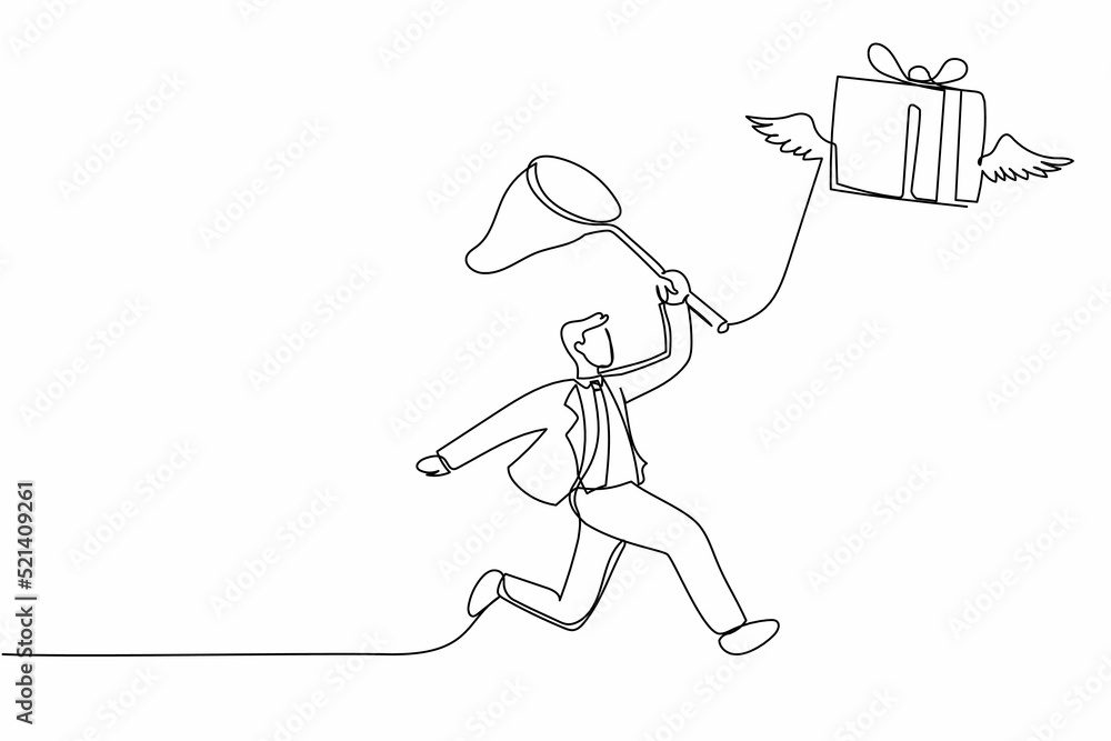 Poster single continuous line drawing businessman try to catching flying gift box with butterfly net. winge
