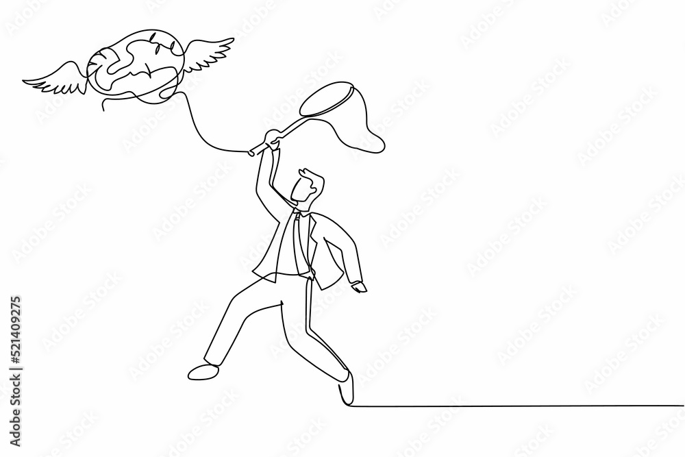 Poster single continuous line drawing businessman try to catching flying brain with butterfly net. genius i