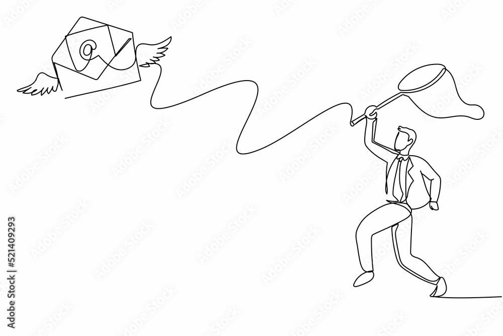 Aufkleber continuous one line drawing businessman try to catching flying mail with butterfly net. not read inc