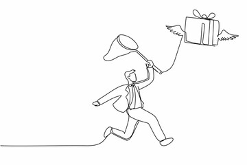 Single continuous line drawing businessman try to catching flying gift box with butterfly net. Winged gift symbol, transportation, fast delivery, box, package. One line draw design vector illustration