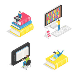 Isometric book set. People reading textbooks, gadgets on stack of objects. Students have online education