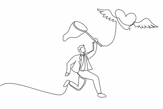 Single one line drawing businessman try to catching flying heart with butterfly net. Love, marriage, wedding, romance, relationship concept. Modern continuous line design graphic vector illustration